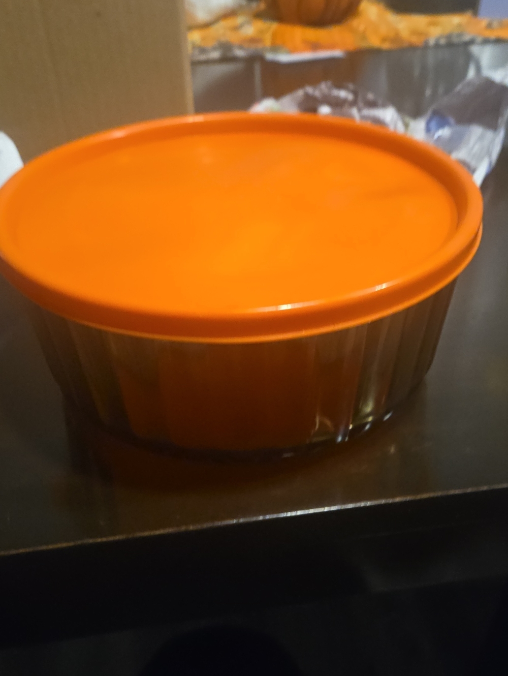 Vintage Arcopal France Smoked Glass Ribbed Storage Bowl w/ Rare Orange Lid Retro